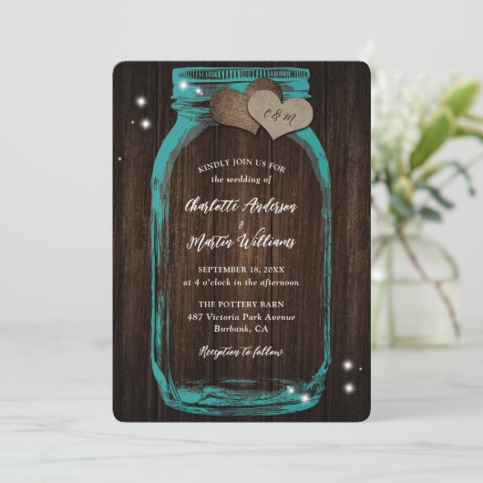 Blauwgroen Schuur Wood Mason Jar bruiloft uitnodig Kaart (Staand voorkant)