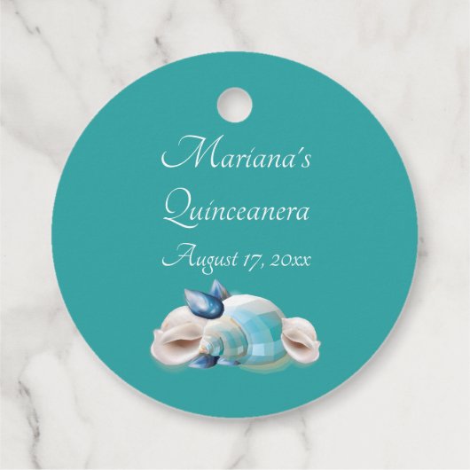 Blauwgroen Seashells en Pearls Quinceanera Party F Bedankjes Labels (Achterkant)