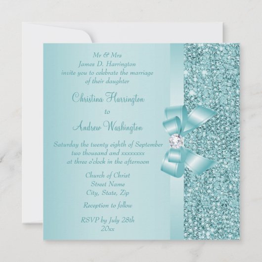 Blauwgroen Sequins, Bow & Diamond Bruiloft Kaart (Achterkant)