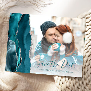 Blauwgroen Silver Agate Photo Save the Date Briefkaart