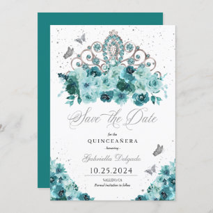 Blauwgroen & Silver Tiara Save The Date Quinceañer Kaart