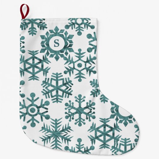 Blauwgroen Snowflake Pattern Monogram Grote Kerstsok (Voorkant)