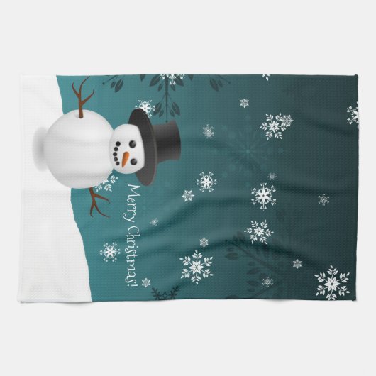 Blauwgroen Snowman Winter Scene Kerstmis Kitchen T Theedoek (Horizontaal)