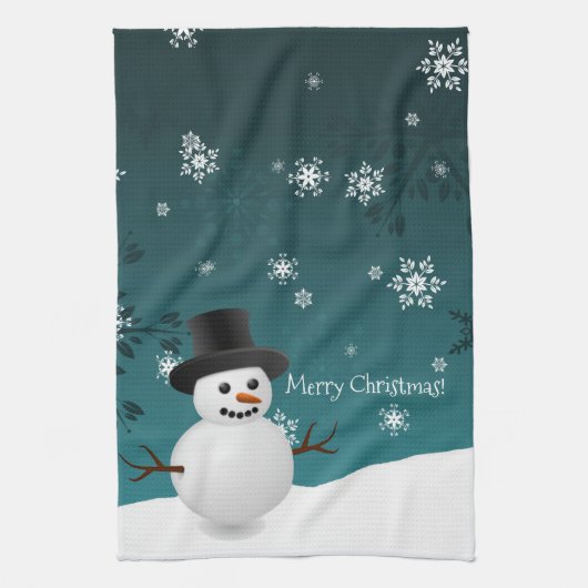 Blauwgroen Snowman Winter Scene Kerstmis Kitchen T Theedoek (Verticaal)