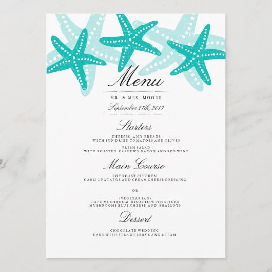 Blauwgroen Starfish Beach Wedding Dinner Menu (Voorkant)