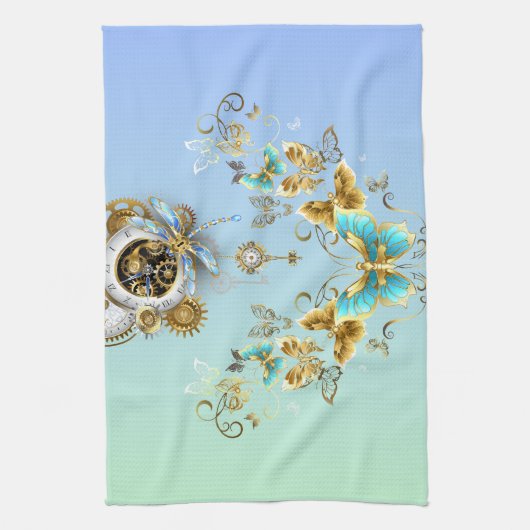 Blauwgroen Steampunk Art,  Mechanisch Ontwerp Theedoek (Verticaal)