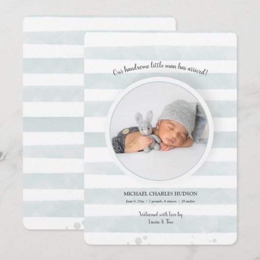 Blauwgroen strepen Foto Geboorte Aankondiging (Voorkant / Achterkant)