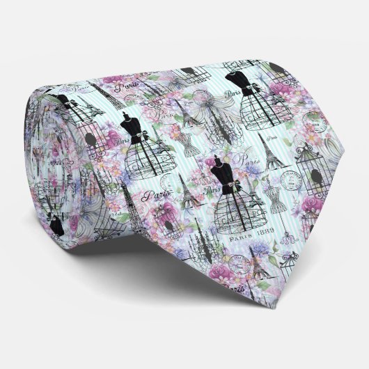 blauwgroen strepen parijs collage roze florale stropdas (Opgerold)