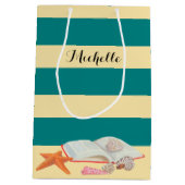 Blauwgroen Stripe & Seashells - Aangepaste Gift Ba Medium Cadeauzakje (Achterkant)