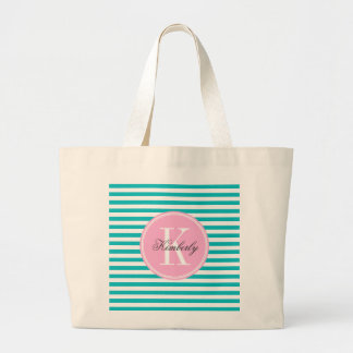 Blauwgroen strips met Bubblegumroze monogram Grote Tote Bag