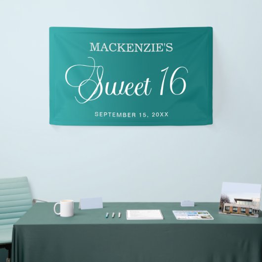 Blauwgroen Sweet 16 Verjaardag Elegant Script Spandoek (Beurs)