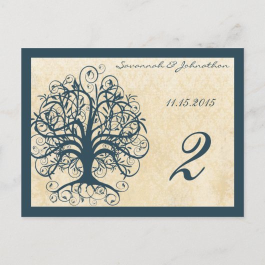 Blauwgroen SWirl Tree Table Number Kards Briefkaart (Achterkant)