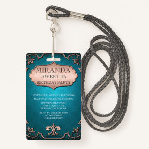 Blauwgroen Tan Scroll Sweet 16 Birthday Party Badge