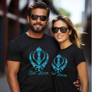 Blauwgroen Tie Dye Khanda Sikh Sikhism Symbol Blac T-shirt