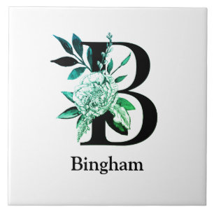 Blauwgroen Tint Floral Monogram letter B Tegeltje