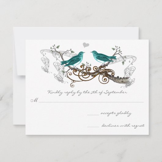 Blauwgroen Tortelduifjes bruiloft RSVP (Achterkant)