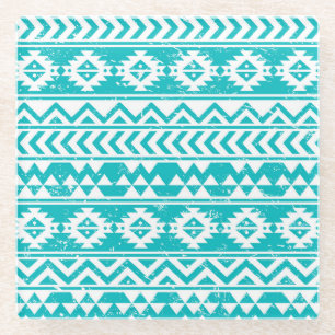 Blauwgroen tribaal patroon Grunge Aztec Glazen Onderzetter