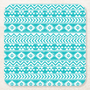 Blauwgroen tribaal patroon Grunge Aztec Vierkante Kartonnen Onderzetter