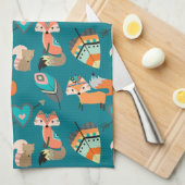 Blauwgroen Tribal Fox Pattern Kitchen Theedoek (Quarter Fold)