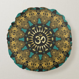 Blauwgroen Tribal Mandala Om Symbool Ronde Kussen