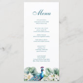 Blauwgroen Tropical Flowers Peacock Bruiloft Menu (Voorkant)