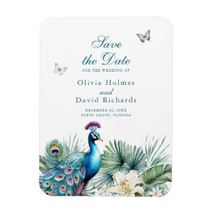 Blauwgroen Tropical Peacock Wedding Save the Date  Magneet
