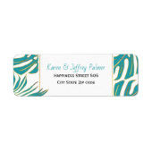 Blauwgroen tropisch monstera en palmbladeren bruil etiket (Voorkant)