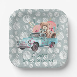  Blauwgroen Truck Teddy Bear Baby shower Papieren Bordje
