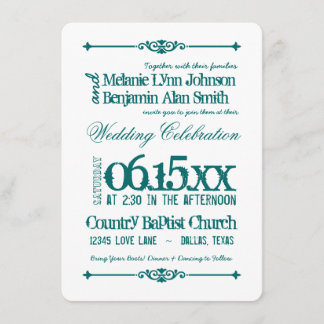 Blauwgroen Turquoise Aqua Typografie Wedding Invit Kaart