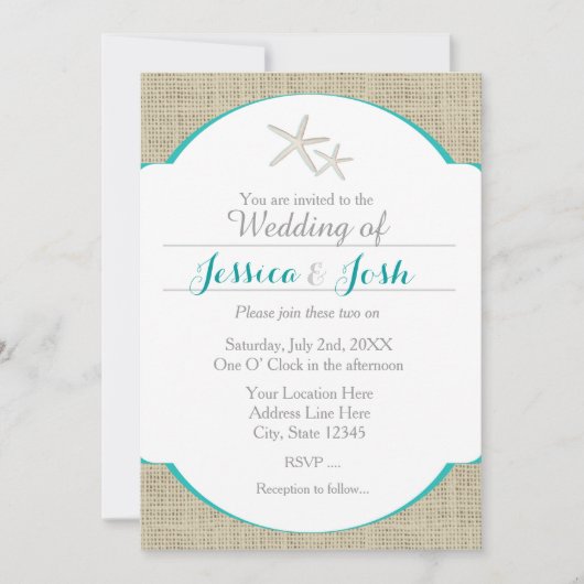 Blauwgroen Turquoise Beach Burlap Starfish Invitat Kaart (Voorkant)