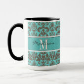 Blauwgroen Turquoise blauw & Brown Damask, op maat Mok (Links)