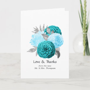 Blauwgroen - Turquoise en Silver Floral Wedding Bedankkaart