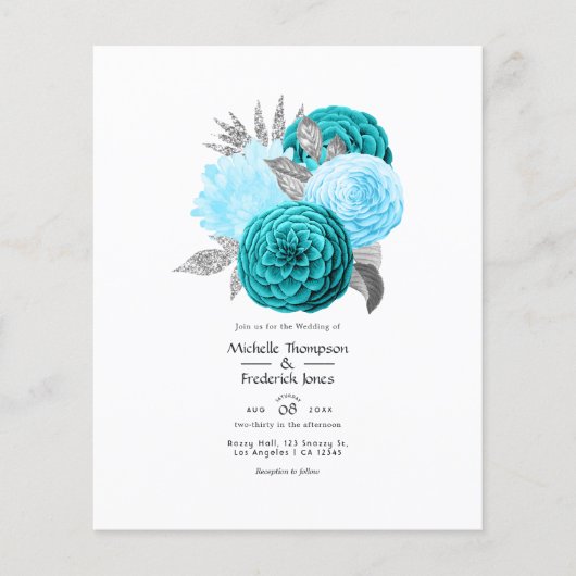 Blauwgroen - Turquoise en Silver Floral Wedding Flyer (Voorkant)