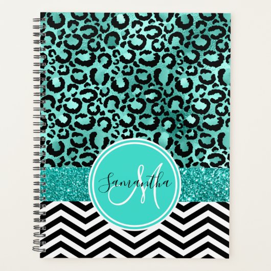 Blauwgroen Turquoise Faux Glitter Leopard Print Mo Planner (Voorkant)