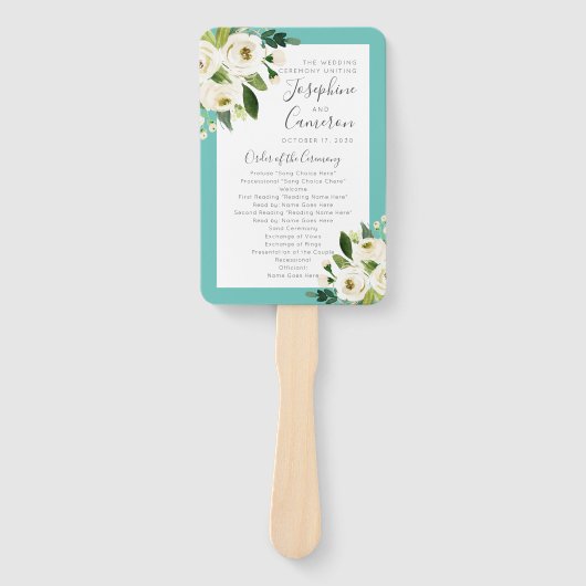 Blauwgroen Turquoise Floral Bouquet Wedding Progra Handwaaier (Voorkant)