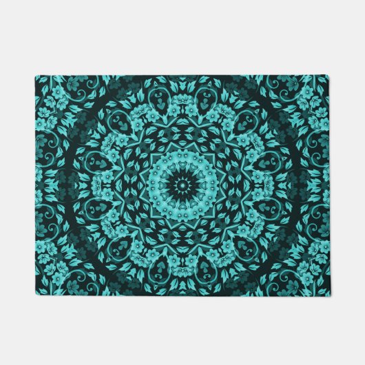 Blauwgroen Turquoise Floral Mandala Deurmat (Voorkant)
