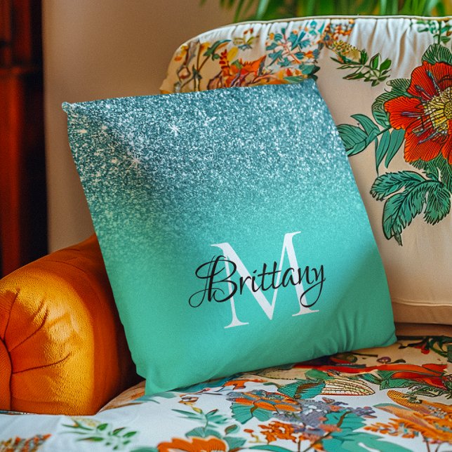 Blauwgroen Turquoise Glitter Ombre Monogram Kussen (Teal Turquoise Glitter Ombre Monogram Throw Pillow)