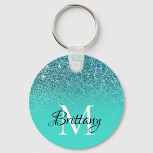 Blauwgroen Turquoise Glitter Ombre Monogram Sleutelhanger