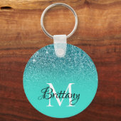 Blauwgroen Turquoise Glitter Ombre Monogram Sleutelhanger (Voorkant)