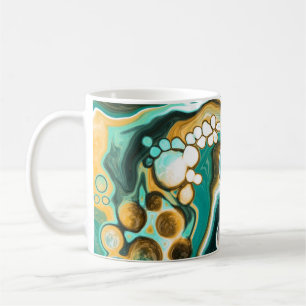 Blauwgroen, Turquoise, Gold, White Fluid Art Koffiemok