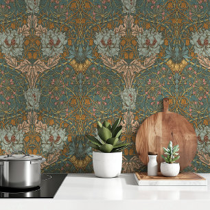 Blauwgroen Turquoise Gold William Morris Behang