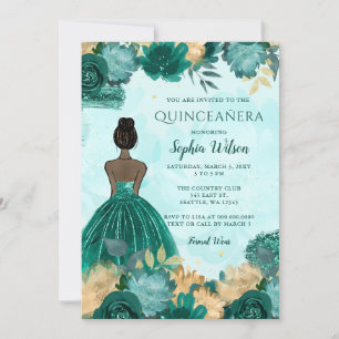 Blauwgroen Turquoise Goud Bloemen Prinses Quinceañ Kaart