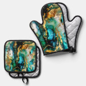 Blauwgroen turquoise gouden Abstracte kunst Ovenwant & Pannenlap Set (Voorkant / Achterkant)