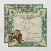 Blauwgroen uitnodiging tot Baby shower Amber Owls (Voorkant / Achterkant)