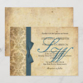 Blauwgroen uitnodiging tot  bruiloft in Damask (Voorkant / Achterkant)