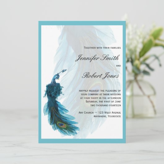 Blauwgroen uitnodiging tot weduwschap met een blau (Staand voorkant)