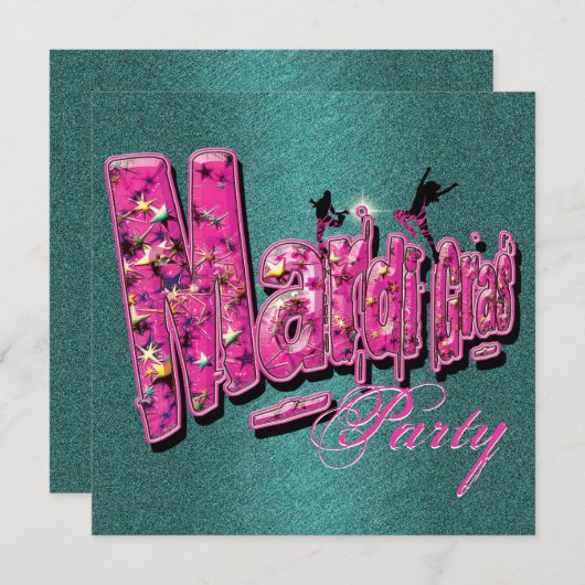 blauwgroen uitnodiging van Mardi Gras (Voorkant / Achterkant)