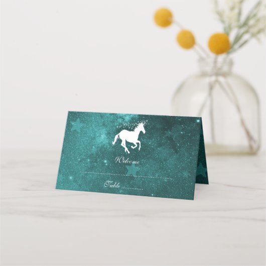 Blauwgroen Unicorn Reception Place Card (Voorkant)