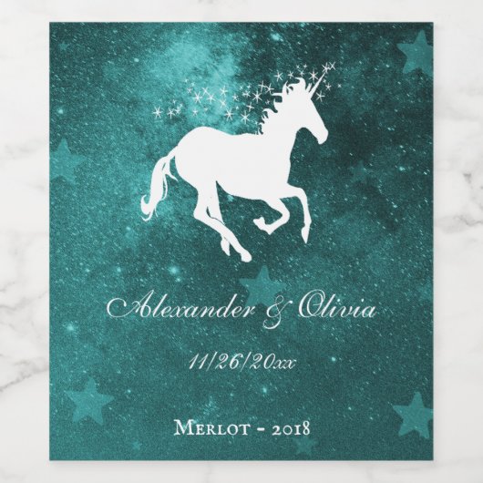 Blauwgroen Unicorn Weddenschap Wine Label Wijn Etiket (Enkel label)