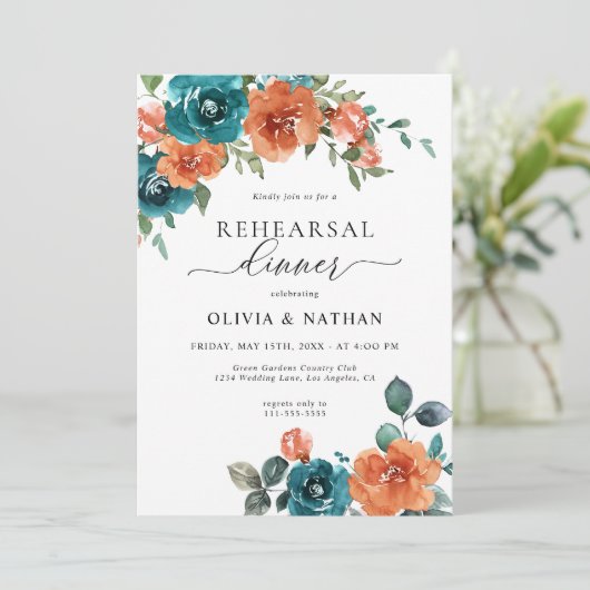 Blauwgroen Verbrand Sinaasappel Bloemen Rustiek re Kaart (Staand voorkant)